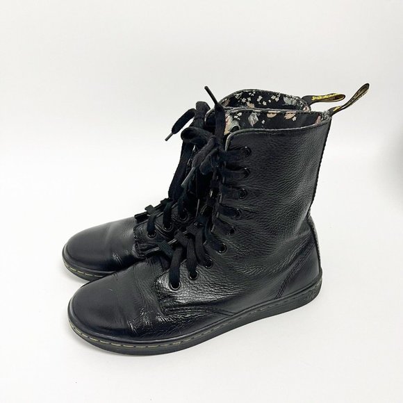 Dr. Martens Shoes - Dr Martens Stratford Women’s Black Leather 9-Eye Boots Floral Lining Size 7
